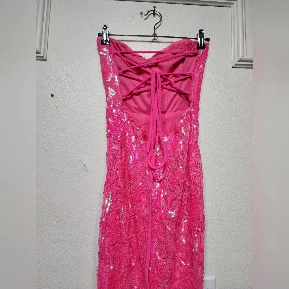 Lulus Glam Aura Hot Pink Iridescent Sequin Strapless Maxi Dress Prom Party - Picture 10 of 11